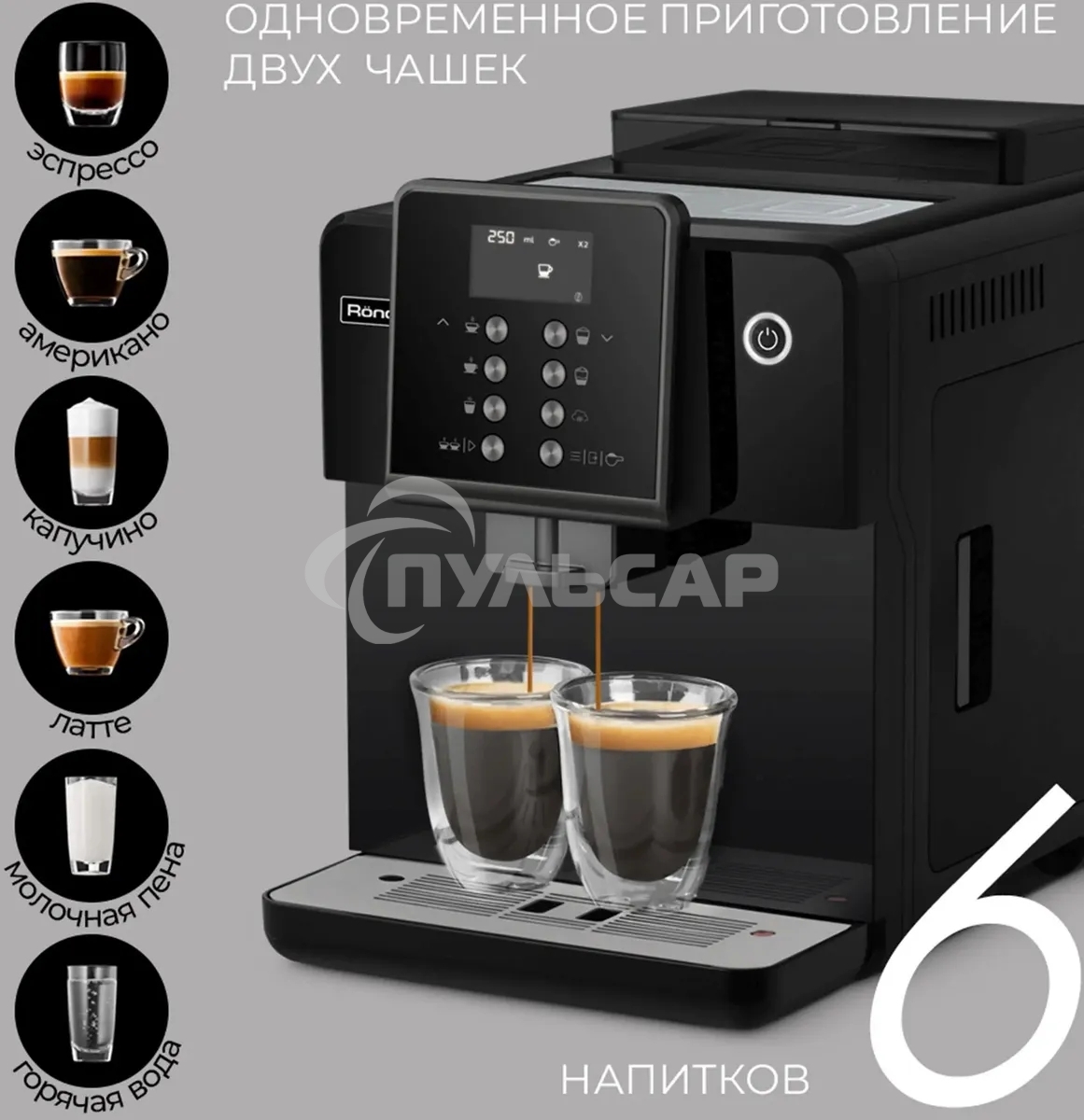 Кофемашина автоматическая Rondell RDE-1107 черный, исп. кофе - молотый/зерновой, 1.6 л, 1350 Вт, 19 бар