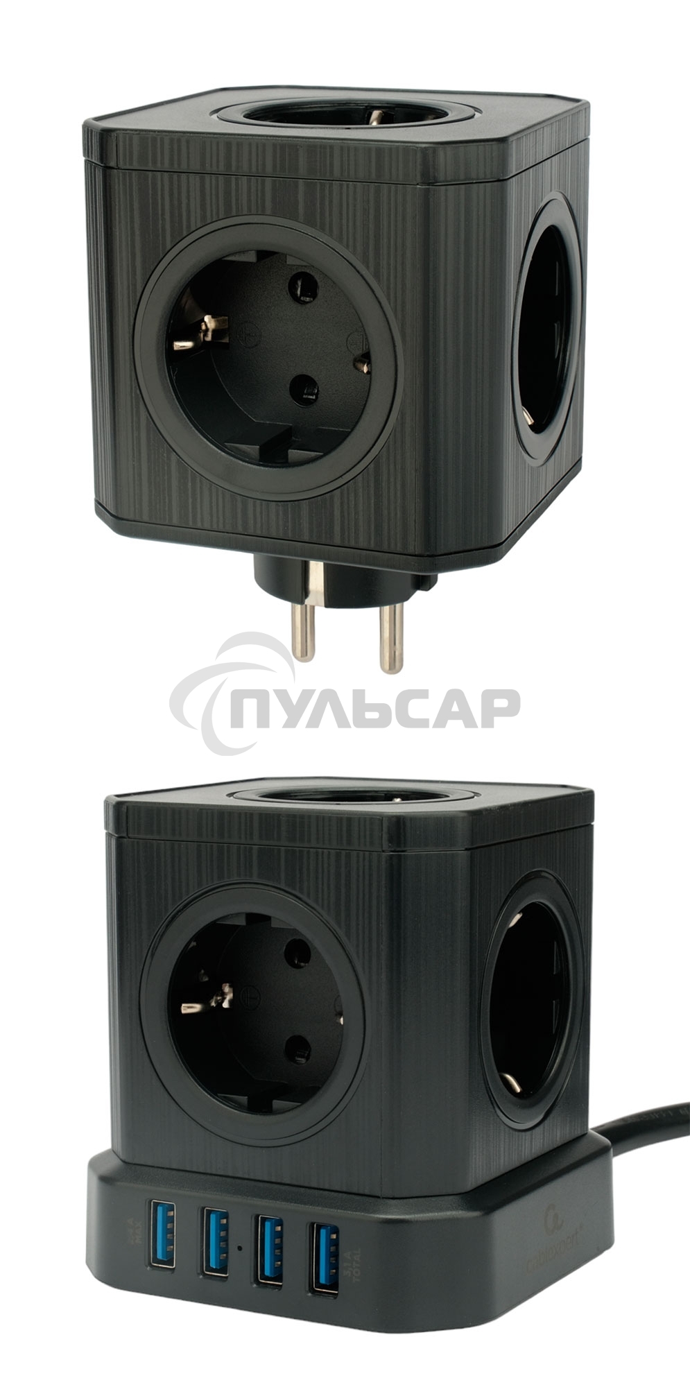 Сетевой фильтр Cablexpert Tower TWR-9-U4-B-2, 9р, 16А, 4хUSB, 3.1А, 2м, ур.защиты 4+, черный, коробка