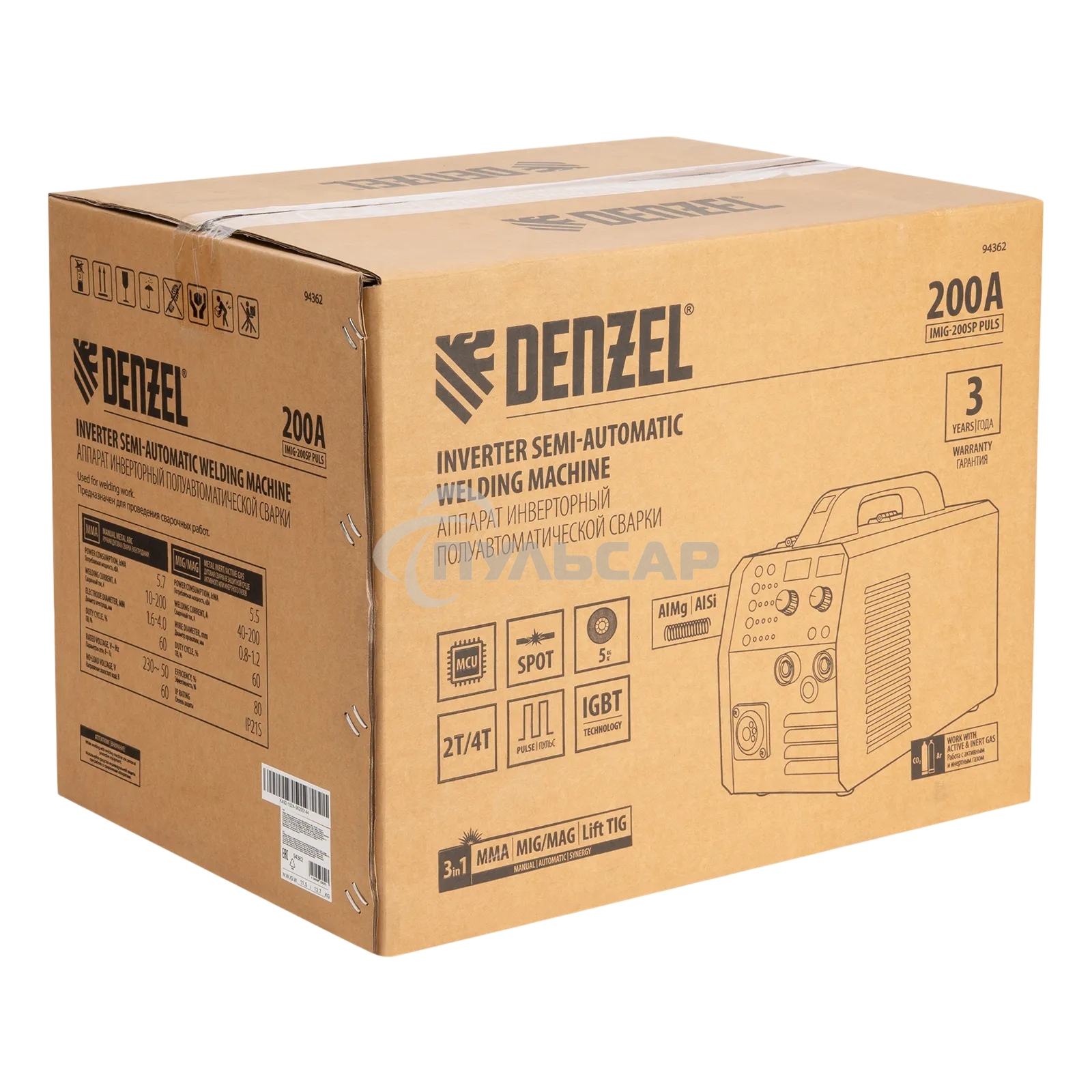 Аппарат инвертор. полуавтомат. cварки Denzel IMIG-200SP Pulse, 200 А, ПВ 60%, катушка 5 кг