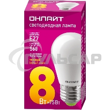 Лампа светодиодная ОНЛАЙТ 71626 OLL-G45-8-230-2.7K-E27 8 Вт шар 2700К тепл. бел. E27 560лм 176-264В