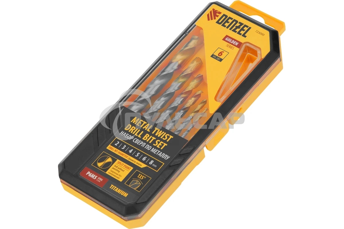 Набор сверл по металлу Denzel 2-8мм, Р6М5-TiN, Golden Tip, 6 шт 723000