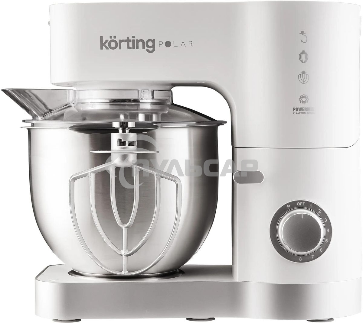 Кухонная машина KORTING KKM 0105 Polar мощность 1200 Вт, 7 насадок (планетарный миксер с 3-мя насадками, мясорубка, насадка для колбас, насадка для кеббе, насадка-блендер), объем чаши 5.5 л, 8 скоростей, импульсный режим, механическое управление, белый