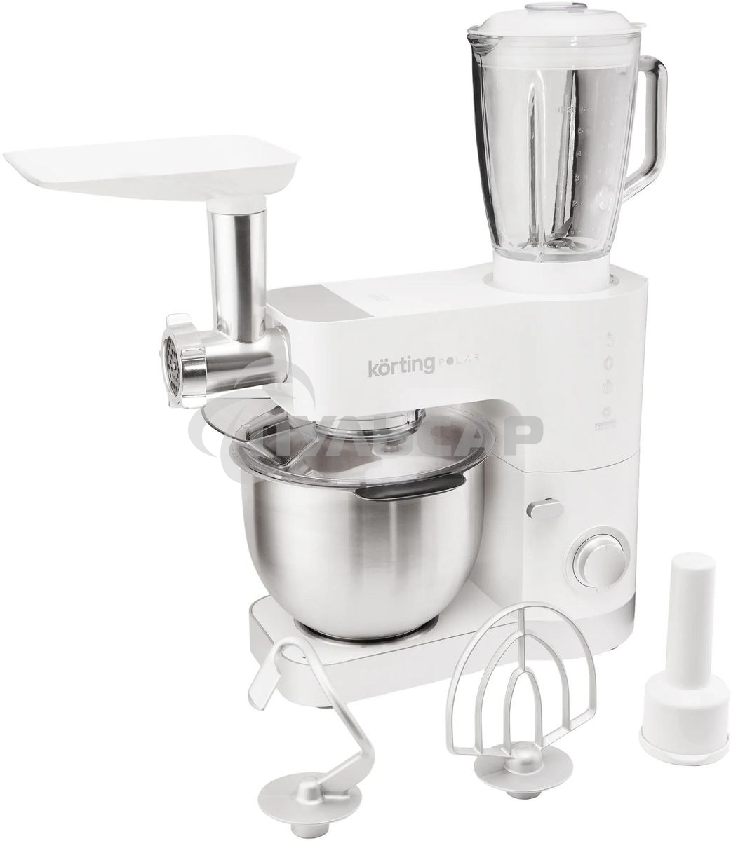 Кухонная машина KORTING KKM 0105 Polar мощность 1200 Вт, 7 насадок (планетарный миксер с 3-мя насадками, мясорубка, насадка для колбас, насадка для кеббе, насадка-блендер), объем чаши 5.5 л, 8 скоростей, импульсный режим, механическое управление, белый