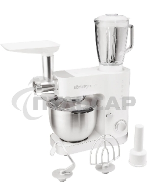 Кухонная машина KORTING KKM 0105 Polar мощность 1200 Вт, 7 насадок (планетарный миксер с 3-мя насадками, мясорубка, насадка для колбас, насадка для кеббе, насадка-блендер), объем чаши 5.5 л, 8 скоростей, импульсный режим, механическое управление, белый