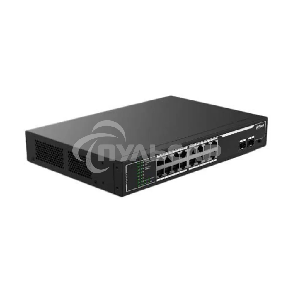 Неуправляемый 18-портовый коммутатор DAHUA DH-SF1018LP с РоЕ, 16xRJ45 100Mb PoE, 2xRJ45 1Gb, суммарно 135Вт, коммутация 7.2 Gbит/с, MAC-таблица 8К, металл