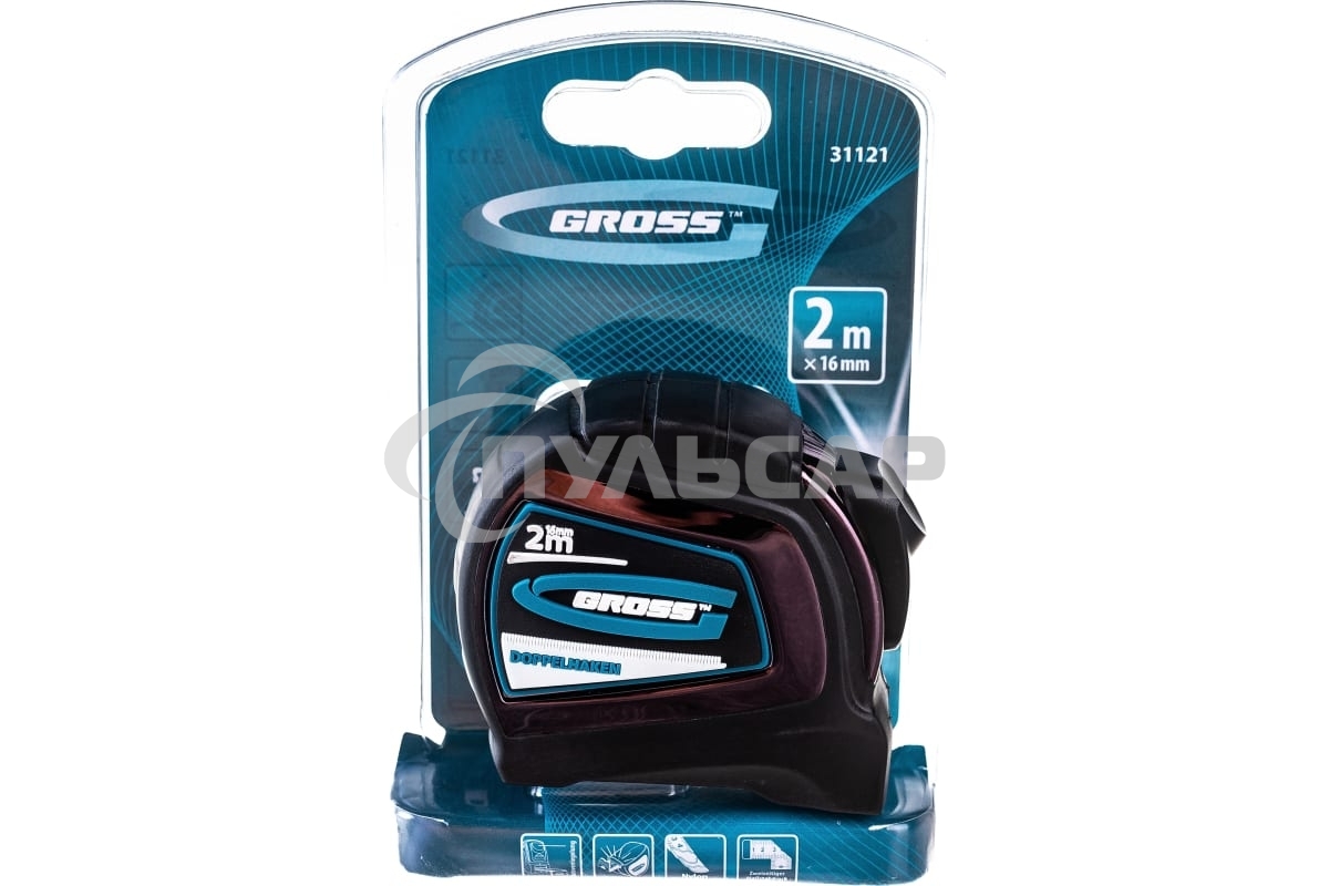 Рулетка GROSS 31121''doppelhaken'' 2м x 16мм односторонний зацеп нейлон двуст. шкала автоматич