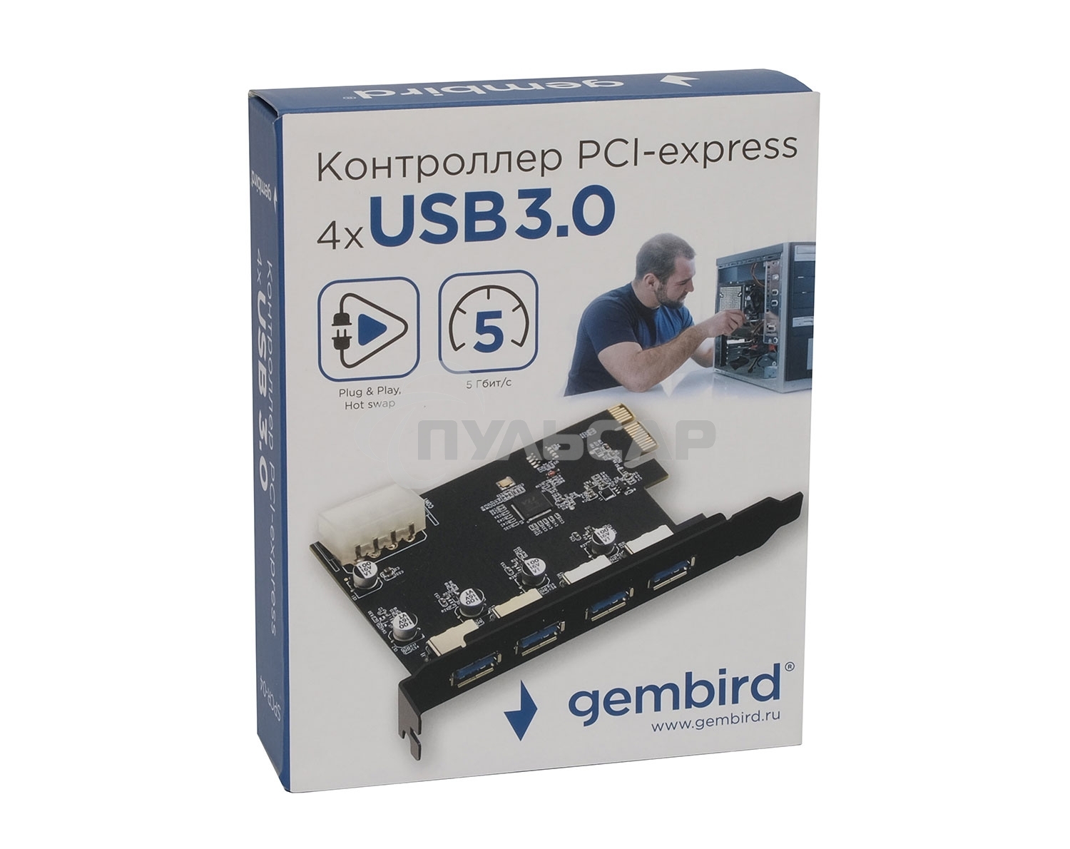 Контроллер USB 3.0 Gembird SPCR-04 в разъем PCI-e, 4xUSB-A