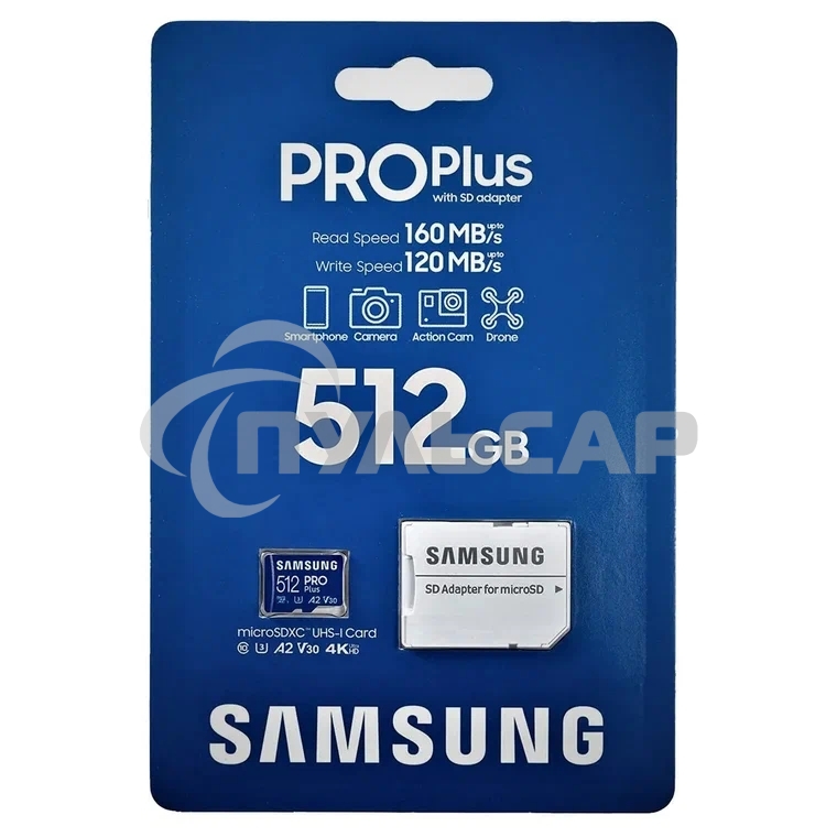 Флеш карта microSDXC 512Gb Samsung PRO Plus Class 10, A2, V30, UHS-I (U3), W 130 МБ/с, R 180 МБ/с, <MB-MD512SA/EU> адаптер на SD