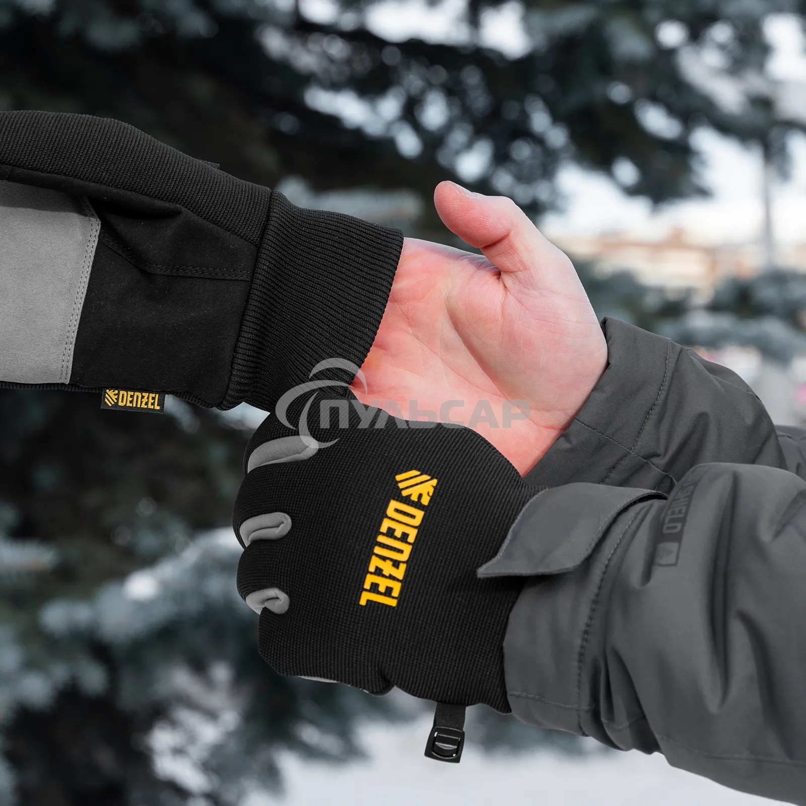 Перчатки универсальные Denzel 68092 двойные, работа с сенсорным экраном, вязаная манжета, размер 8