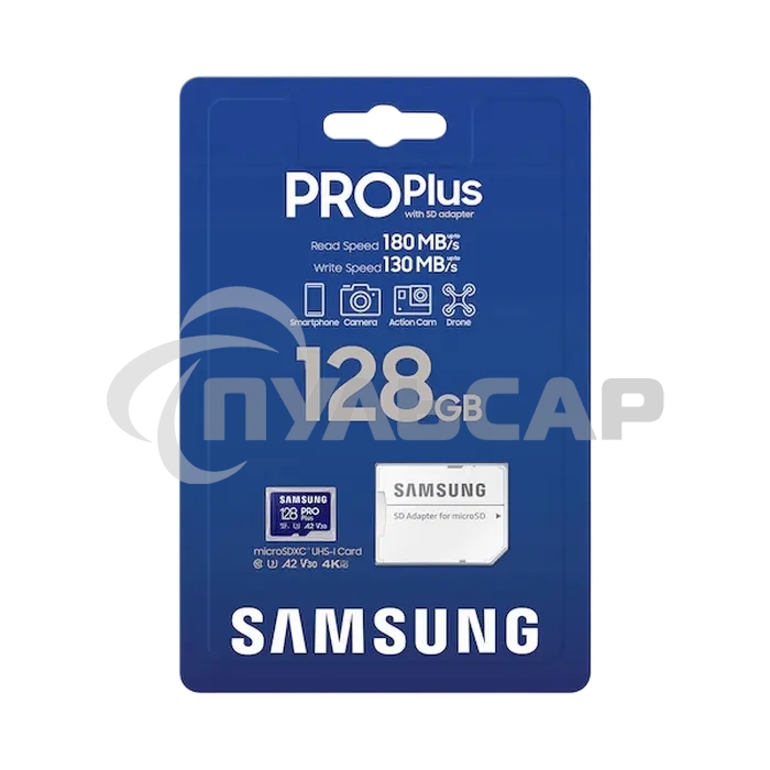 Флеш карта microSDXC 128GB Samsung PRO Plus Class 10, A2, V30, UHS-I (U3), W 130 МБ/с, R 180 МБ/с, <MB-MD128SA/KR> адаптер на SD