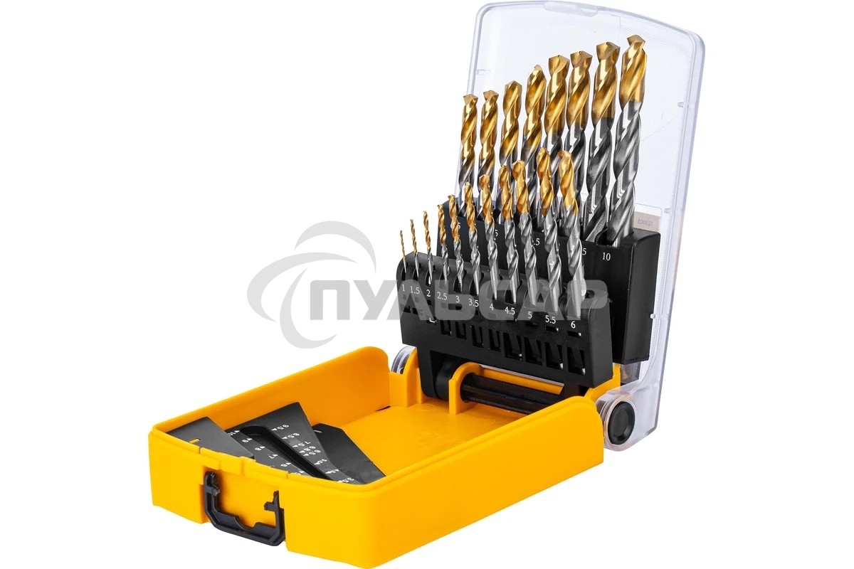 Набор сверл по металлу Denzel 1-10 мм, Р6М5-TiN, Golden Tip, 19 шт 723003