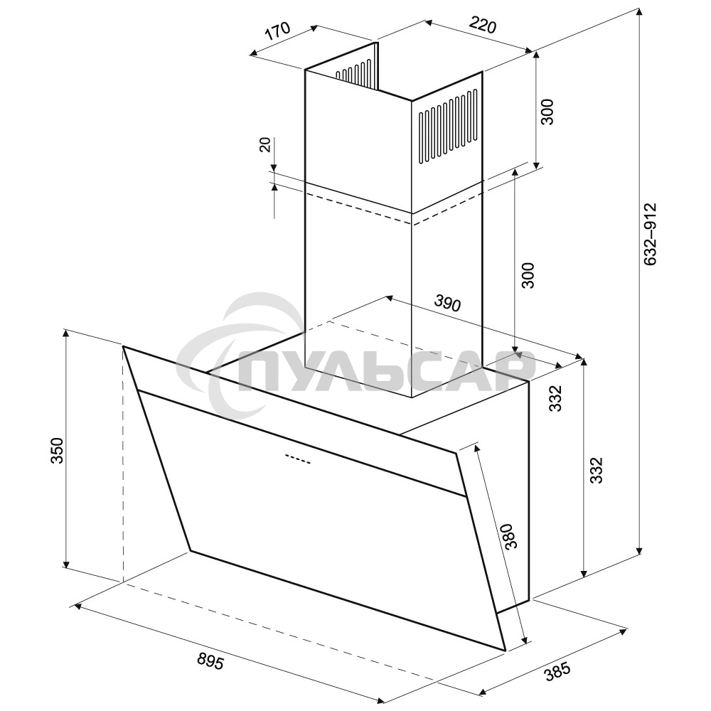 Вытяжка наклонная KRONA Kristen A 900 белая S, 89.5 см, 1050 куб. м/ч, 65 дБ
