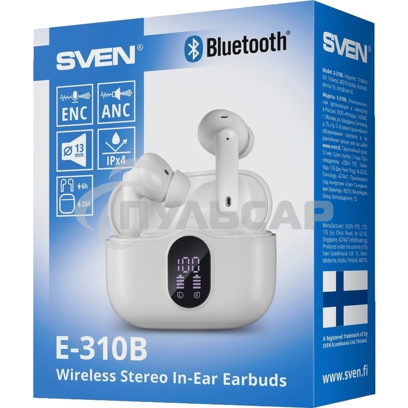 Беспроводные внутриканальные наушники с микрофоном Sven E-310B, белый (Bluetooth, TWS, ANC, ENC, APP)