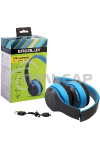 Наушники накладные с микрофоном беспроводные ELX-BTHP01-C06 FM MP3 коробка син. Ergolux 15357