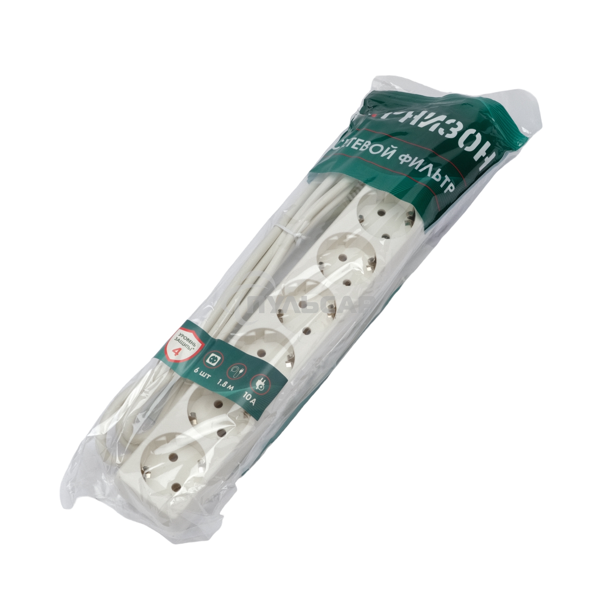 Сетевой фильтр Гарнизон ECL-6-W-1.8, 6р, 10А, 1.8м, ур.защиты 4, белый, пакет