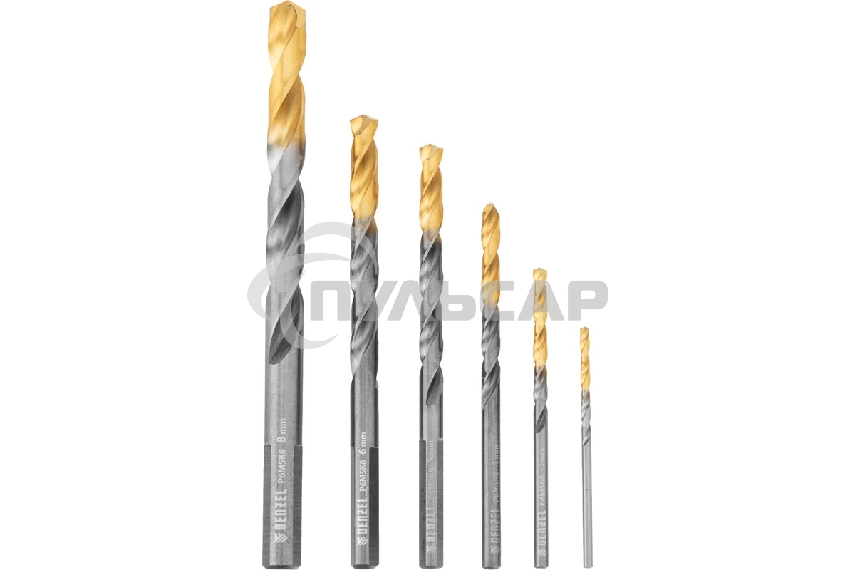 Набор сверл по металлу Denzel 2-8мм, Р6М5К8-TiN, Golden Tip, 6 шт 723004