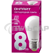 Лампа светодиодная ОНЛАЙТ 71627 OLL-G45-8-230-4K-E27 8Вт шар 4000К белый E27 600лм 176-264В
