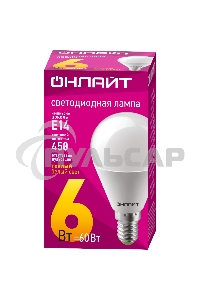 Лампа светодиодная ОНЛАЙТ 71643 OLL-G45-6-230-2.7K-E14 6Вт шар 2700К тепл. бел. E14 450лм 176-264В