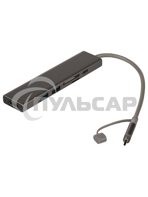 Док-станция Qumo Dock 7 (HB-0008), Type-C, PD, HDMI, 4k 30Hz, 1080p 60 Hz, GE1000 MBS, 4 USB 3.0, 20 см, SD, Micro SD, металлический корпус, темно-серый