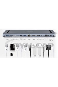 Док-станция Type-C Gembird UHB-D6, 12в1: 2xUSB3.1, USB2.0, RJ45, Type-C PD87W, Jack 3.5, SD/TF, 2xHDMI, VGA, Type-C, кабель 23см, алюминий