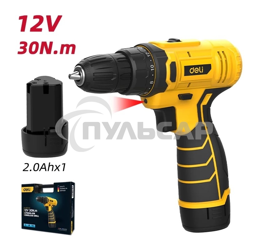 Дрель-шуруповерт Deli DL-DZ12-5A2, Аккумуляторная, 12В, 1 АКБ, Кейс
