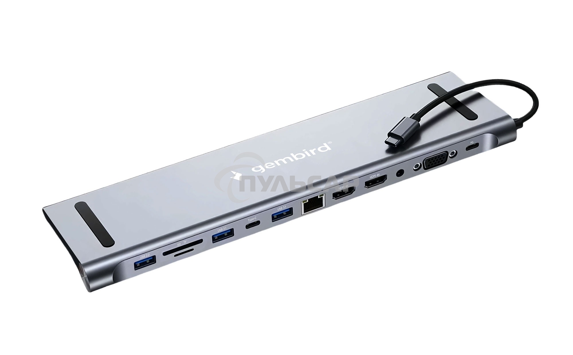 Док-станция Type-C Gembird UHB-D6, 12в1: 2xUSB3.1, USB2.0, RJ45, Type-C PD87W, Jack 3.5, SD/TF, 2xHDMI, VGA, Type-C, кабель 23см, алюминий