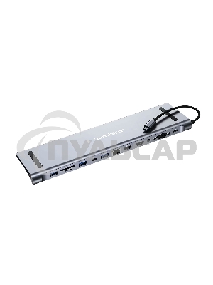 Док-станция Type-C Gembird UHB-D6, 12в1: 2xUSB3.1, USB2.0, RJ45, Type-C PD87W, Jack 3.5, SD/TF, 2xHDMI, VGA, Type-C, кабель 23см, алюминий