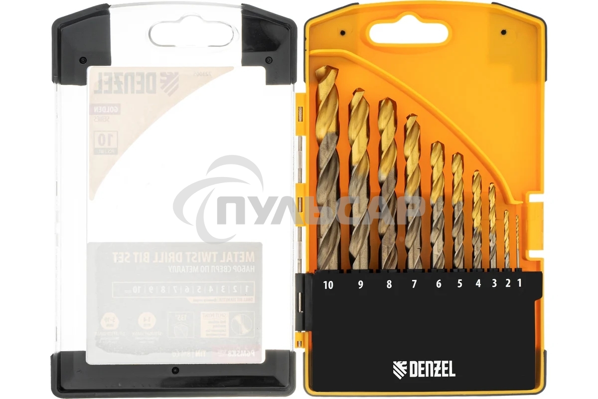 Набор сверл по металлу Denzel 1-10 мм, Р6М5К8-TiN, Golden Tip, 10 шт 723005