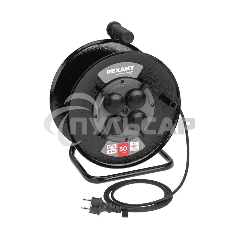 Удлинитель силовой Rexant КГ на катушке 4 гнезда, с/з, 30м, 3х1,5мм², IP44 c защитными крышками, металлическая катушка