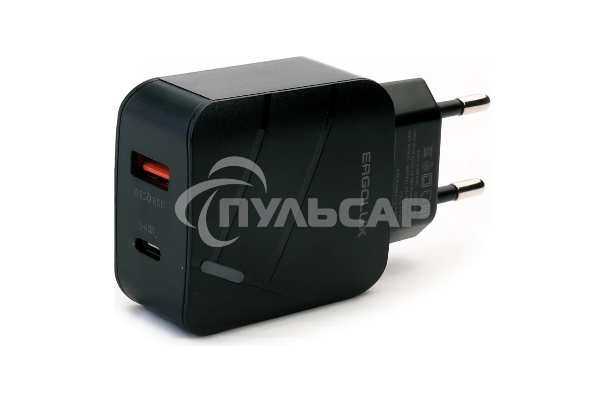 Адаптер сетевой Ergolux ELX-РA01QC-C02 1USB+1Type C 100-220В 5-9В/3А QC коробка черный Ergolux