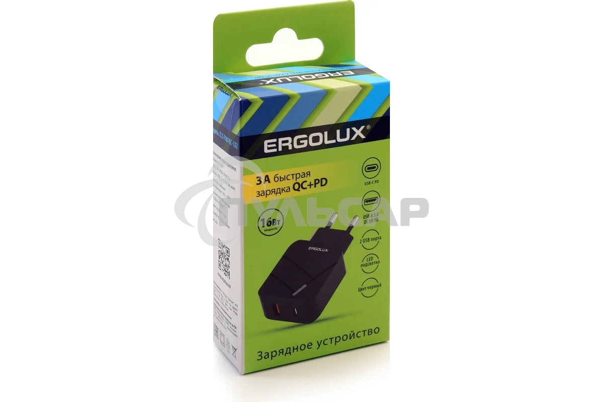 Адаптер сетевой Ergolux ELX-РA01QC-C02 1USB+1Type C 100-220В 5-9В/3А QC коробка черный Ergolux