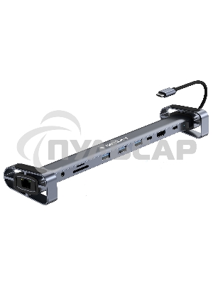 Док-станция Type-C Gembird UHB-D5, 10в1: 3xUSB3.1, Type-C PD87W, Jack 3.5, SD/TF, HDMI, RJ45, Type-C, кабель 14см, алюминий