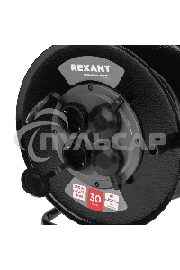 Удлинитель силовой Rexant КГ на катушке 4 гнезда, с/з, 30м, 3х1,5мм², IP44 c защитными крышками, металлическая катушка