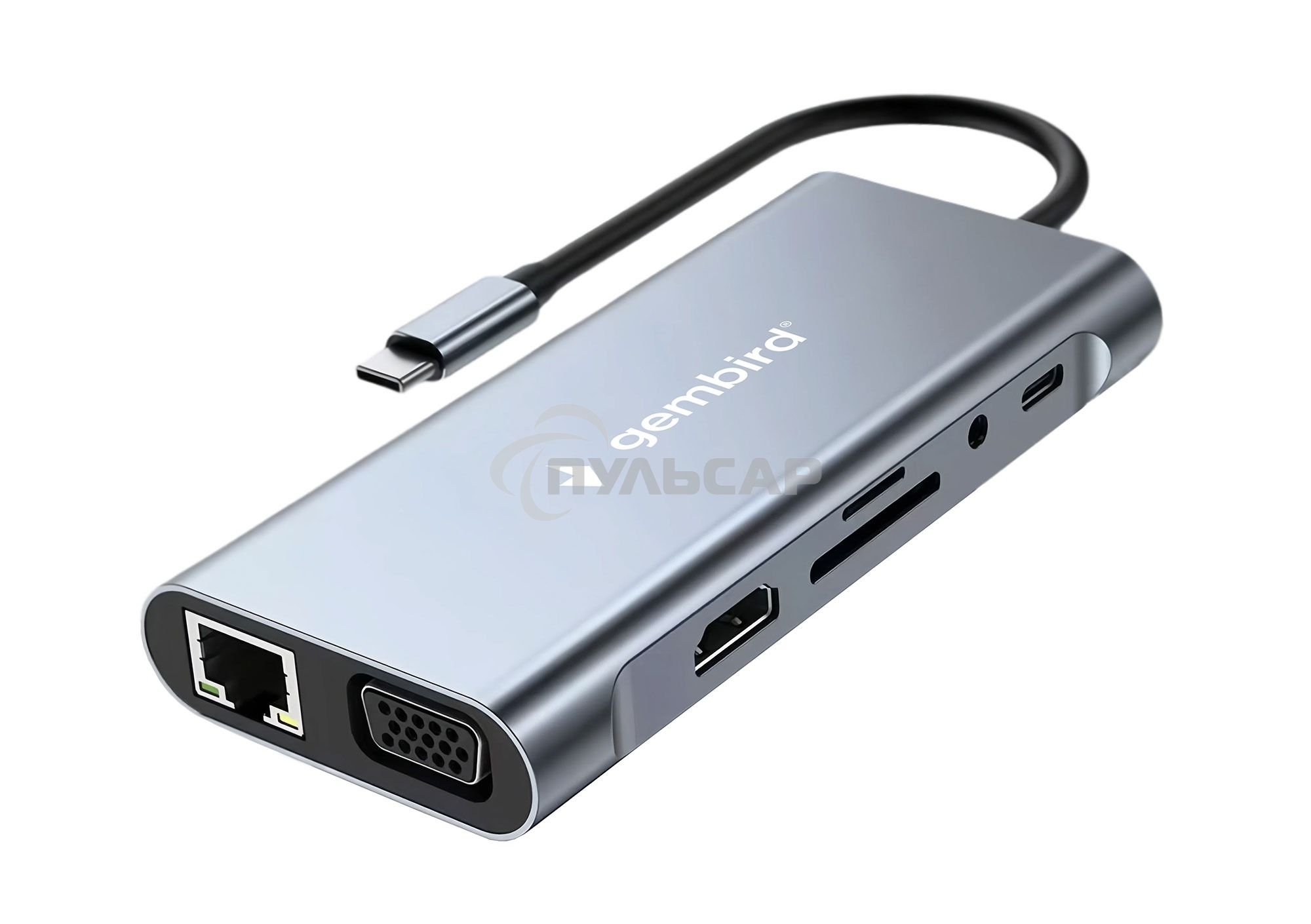 Док-станция Type-C Gembird UHB-D4, 10в1: 3xUSB3.1, Type-C PD87W, Jack 3.5, SD/TF, HDMI, RJ45, VGA, кабель 15см, алюминий