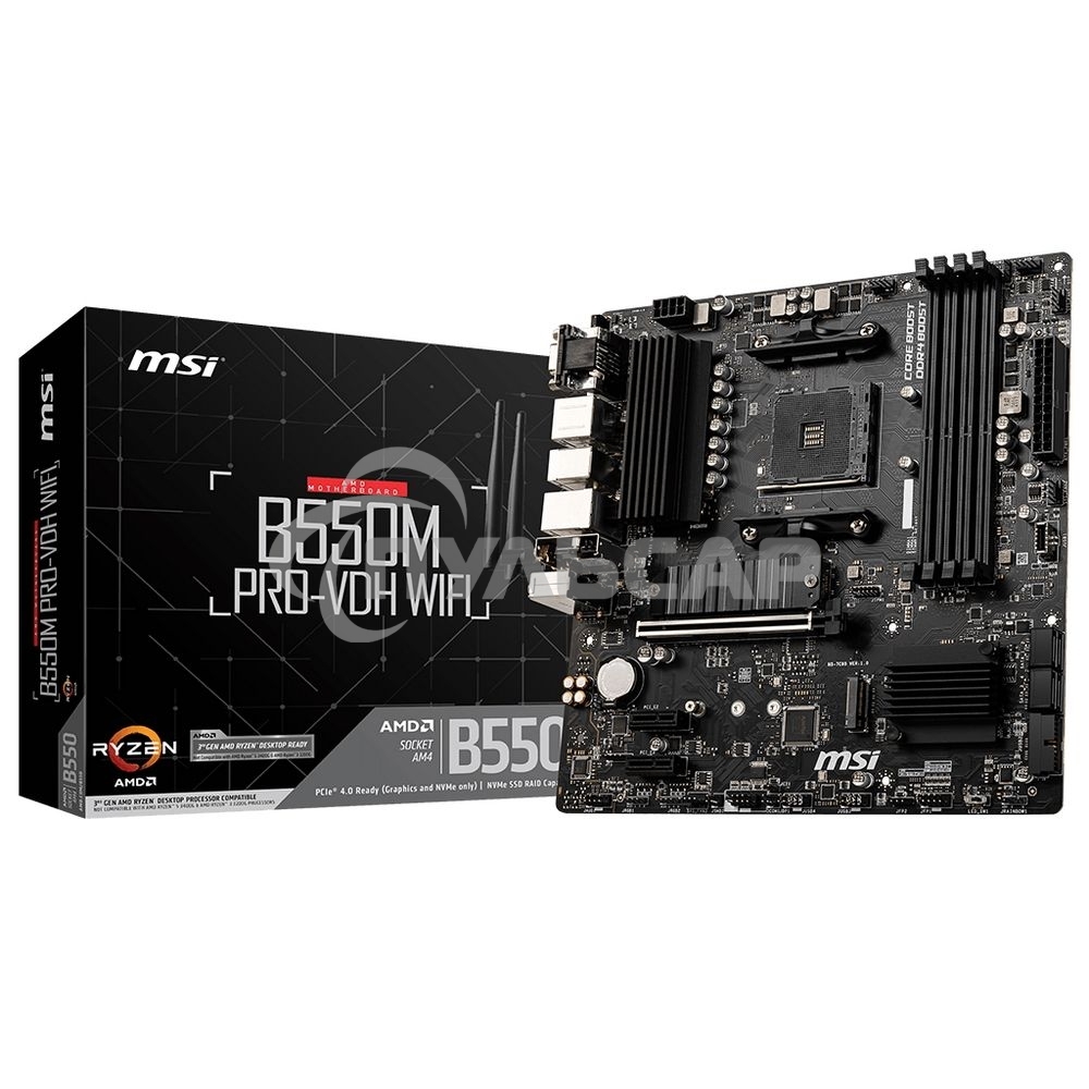 Материнская плата MSI B550M PRO-VDH WIFI, AM4, AMD B550, 4xDDR4, 4xSATA, 2xM.2, 1xPCIe 4.0 x16, 2xPCIe x1, 1xDisplayPort, 1xHDMI, 1xVGA, 1x 1Gb LAN, 2xUSB 2.0, 4xUSB 3.2 Gen 1, 3x3.5 мм, 7.1, mATX