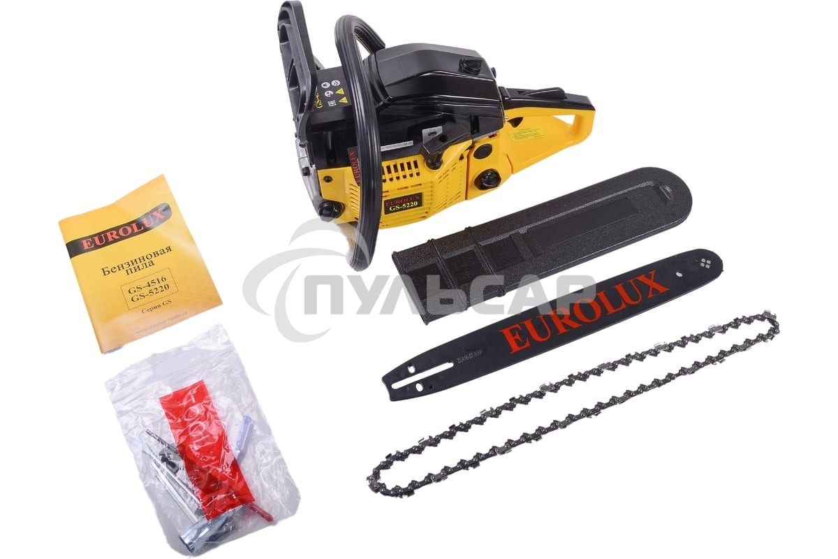 Бензопила Eurolux GS-5220 2400 Вт,Длина шины мм / дюймы 505 / 20” Объем двигателя см3 52 70/6/8