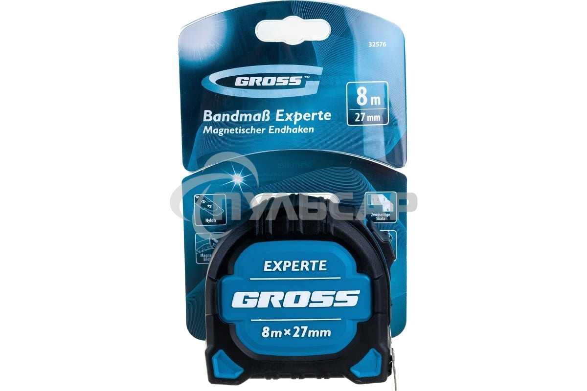 Рулетка Experte, 8 м x 27 мм, двухкомпон. корпус, магнит, двухстор. разметка, нейлон Gross