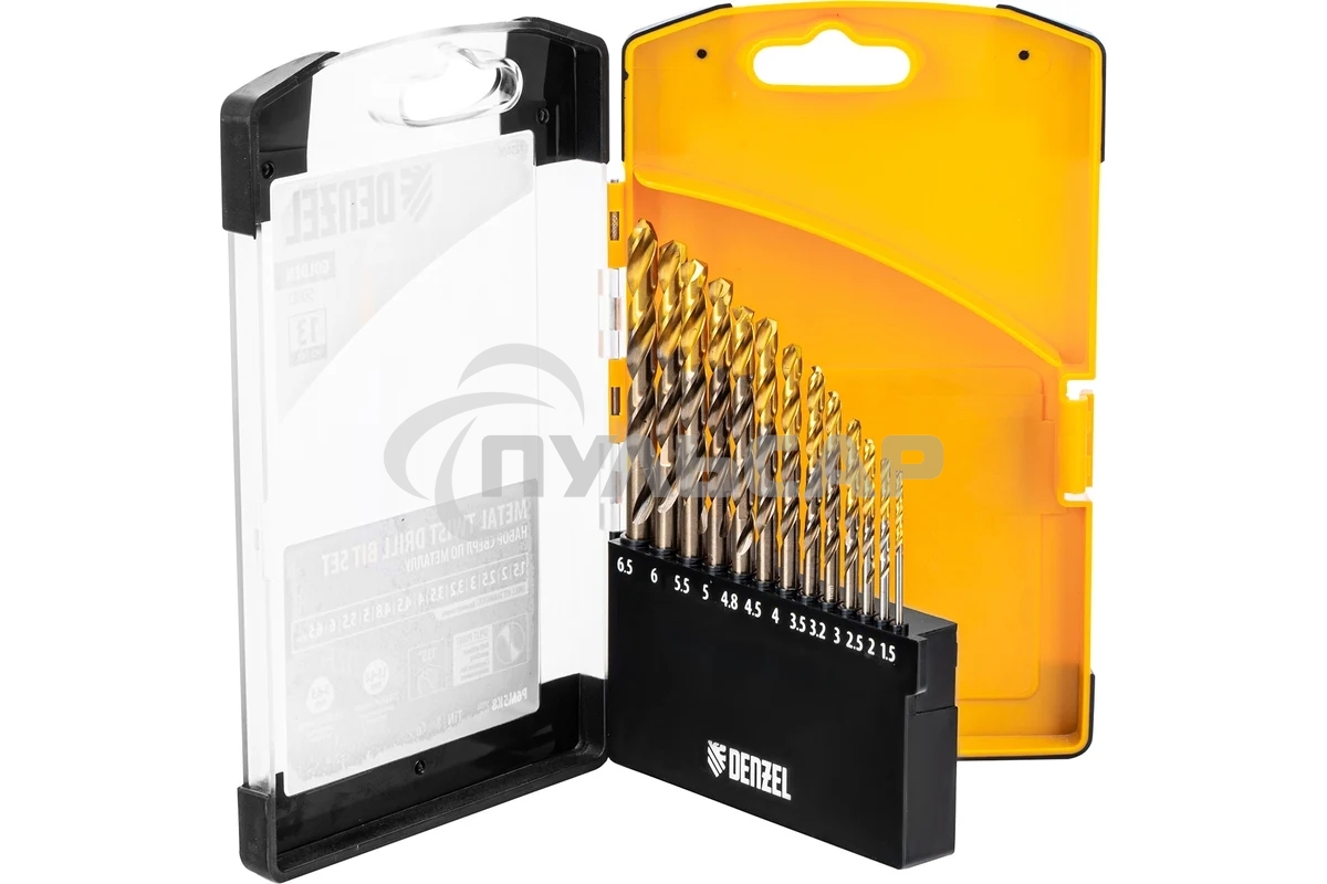 Набор сверл по металлу Denzel 1,5-6,5мм, Р6М5К8-TiN, Golden Tip, 13 шт 723006