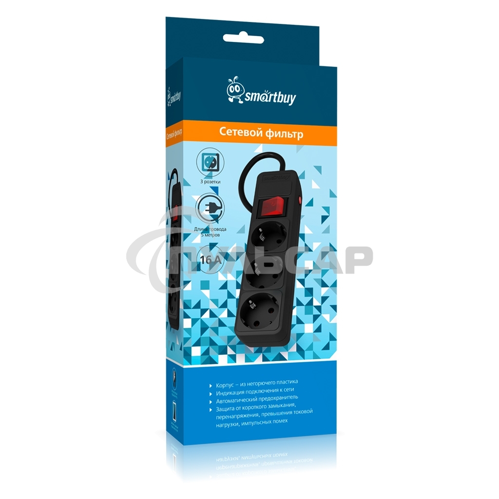 Сетевой фильтр 16А, 3500 Вт, 3 гнезда, без з/ш, с з/к, ПВС 3x1.0, 5 м, черный (SBSP-3-50-K)