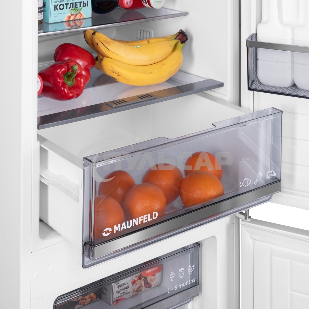 Встраиваемый холодильник Maunfeld MBF177SWGR Inverter белый двухкамерный 197/76 л, морозилка снизу, DeFrost