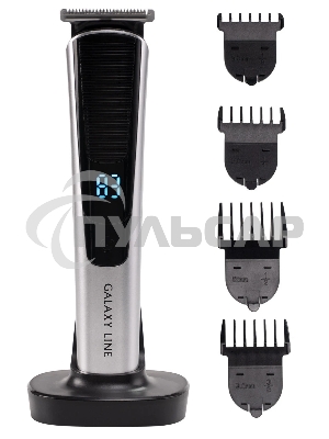 Набор для стрижки Galaxy Line GL 4161, серебристый с черным, время непрерывной работы до 1,5 ч, 2 скорости работы, лезвия из нержавеющей стали, ширина лезвия 39 мм, индикатор заряда аккумулятора в процентах, 4 насадки-расчески (3, 6, 9, 12 мм), USB зарядк