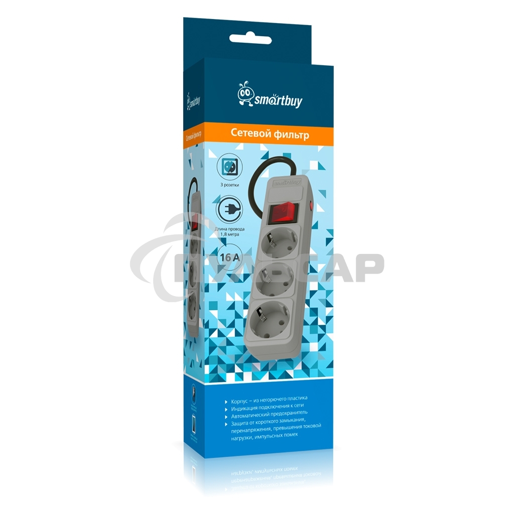 Сетевой фильтр 16А, 3500 Вт, 3 гнезда, без з/ш, с з/к, ПВС 3x1.0, 1,8 м, серый (SBSP-3-18-G)
