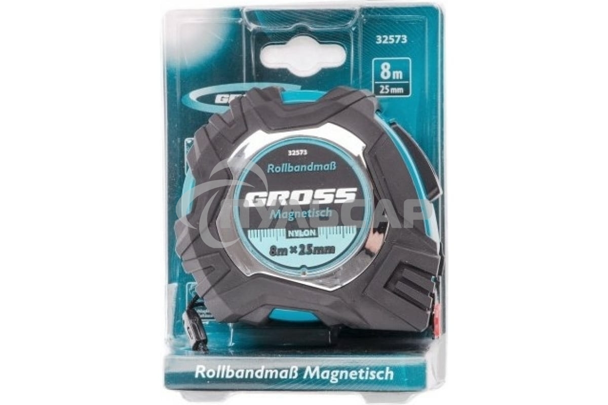 Рулетка Magnetisch, 8м х 25мм, обрезин. корпус,автоматич. фиксация, нейлон. покр.,магн.зацеп Gross