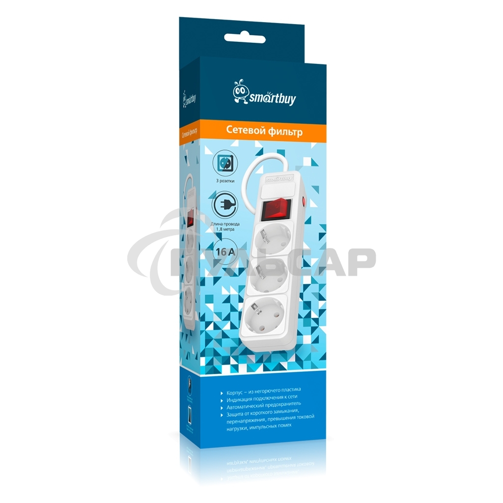 Сетевой фильтр 16А, 3500 Вт, 3 гнезда, без з/ш, с з/к, ПВС 3x1.0, 1,8 м, белый (SBSP-3-18-W)