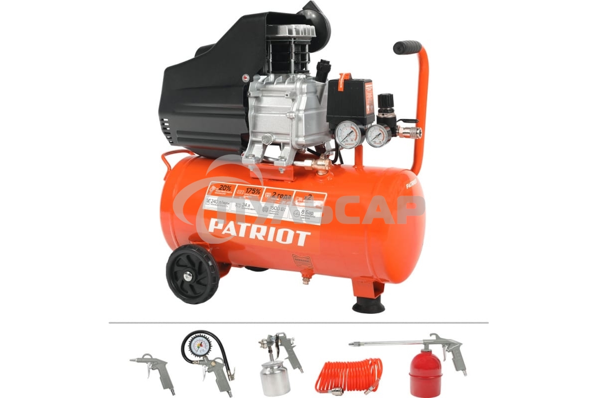 Компрессор PATRIOT EURO 50-260К 525306316 Мощность: 1.8 кВт; Напряжение: 230В~50Гц; Обороты двигателя: 2850 об/мин; Производительность: 260 л/мин; Объем ресивера: 50 л; Давление: 8 бар; Вес: 28,5