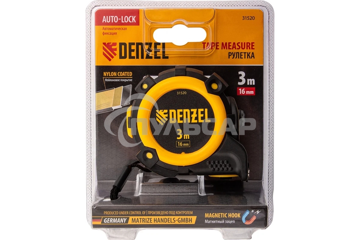 Рулетка 3м х 16мм, автоматич. фиксац., нейлон. покрытие, магнит. зацеп, двухстор. разметкаDenzel