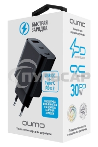СЗУ Qumo Energy GaN PD 30W (Charger 0073), три порта: 2х Type-C PD + USB-A QC3.0,черный