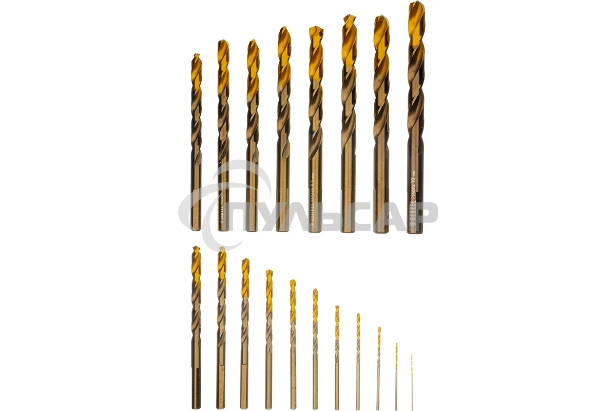 Набор сверл по металлу Denzel 1-10 мм, Р6М5К8-TiN, Golden Tip, 19 шт 723008