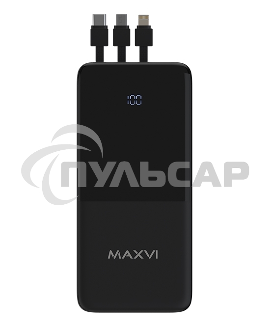 Внешний аккумулятор Maxvi PB10-09 10000мАч, 2A USB + кабели: Type-C/Lightning/MicroUSB
