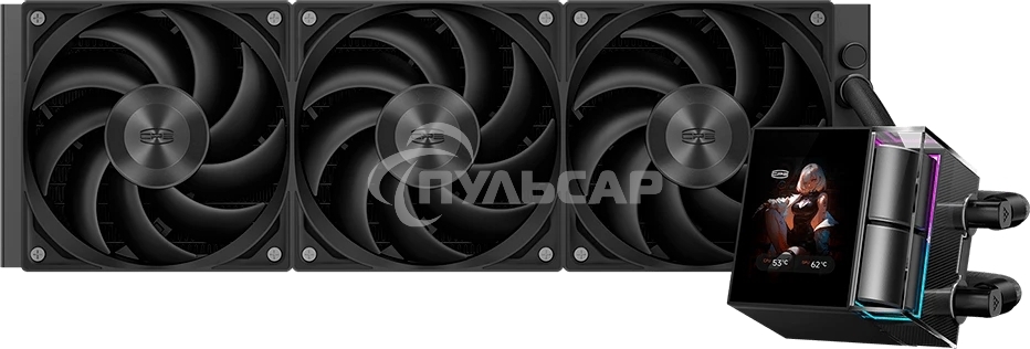 Система охлаждения Water Cooling System PCCooler DS360 Display BK (310W, 360мм, LED, Black, ARGB Pump/ Fans: 3x120мм, 90.56CFM, 39.8dBA, 2500RPM/ Pump height 65мм, 15dBA, 2600RPM, Rad thickness 27мм/ S: 1851, 1700, 1200, 115X, AM5, AM4)